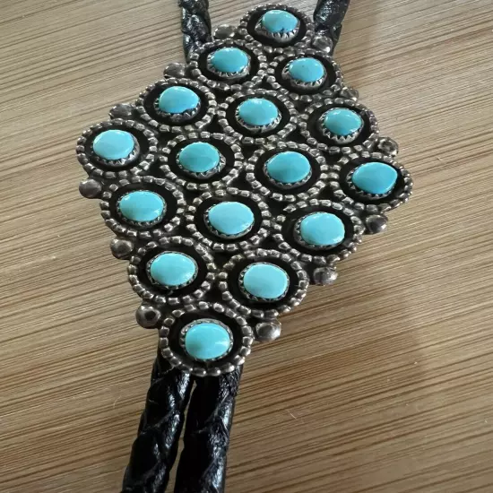 Bernal NATEWA Zuni Snake Eye Cluster Turquoise Sterling Bolo Tie & Matching Tips