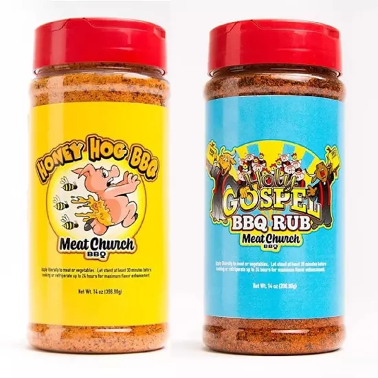 Meat Church BBQ Rub Combo Honey Hog 14 oz and Holy Gospel 14 oz BBQ Rub and S...