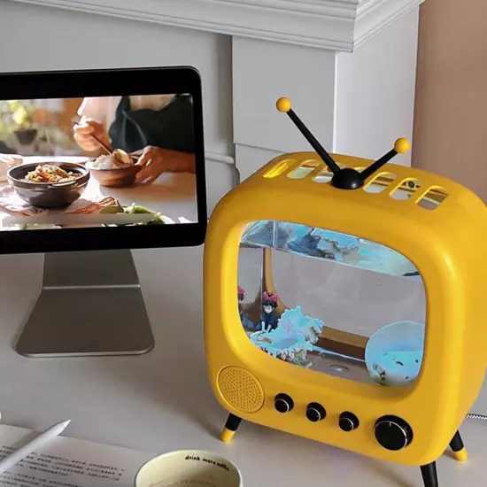 Fish Tank with Lamp Television Styling Small Cute Vintage Desktop Dec