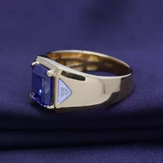 14K Gold Plated Simulated Blue Sapphire Diamond Accent Ring For Mens