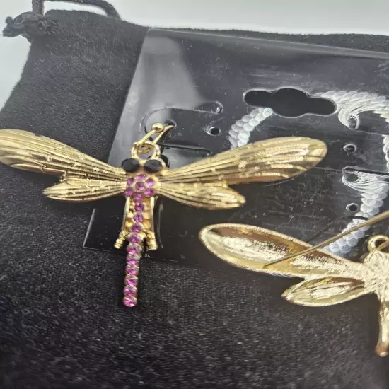 JTV Off Park Collection New Dragonfly Earrings PINK RHINESTONE Dangle gold Tone