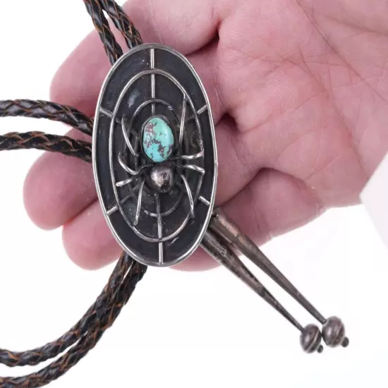 c1950's Native American Spider/Web Silver and turquoise c-31 bolo tie