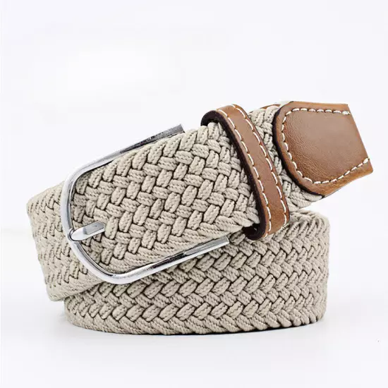 Mens Ladies Belts Canvas Webbing Braided Leather U Buckle Elastic Woven Stretch