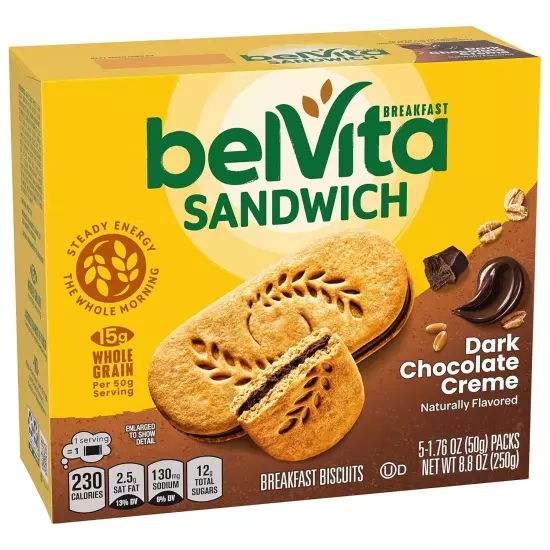 belVita Breakfast Sandwich Dark Chocolate Creme Breakfast Biscuits 30 Total P...