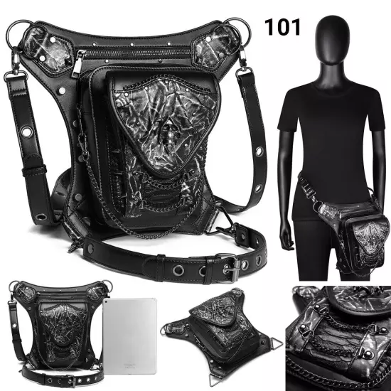 Rock PU Leather Shoulder Motorcycle Skull Bag Waist Pack Bag Handbag Leg Purse