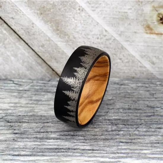 8mm Tungsten Carbide Men's Black Forest Tree Scene Olive Wood Wedding Band Ring