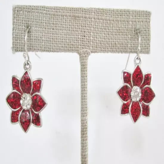 Red Glitter Enamel Crystal Poinsettia Christmas Dangle Earrings French Wire