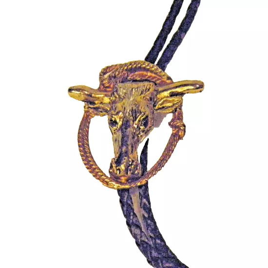 Western Bolo Tie HORNED BULL HEAD in Rope Gold & Silver Toned Braided Black Cord