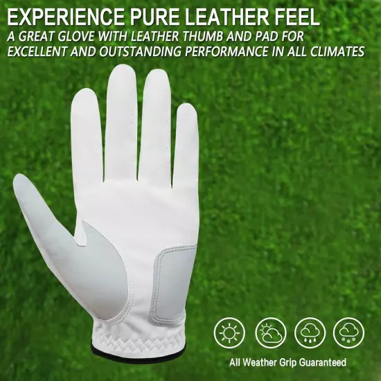 Golf Gloves Men Right Handed Golfer Left Hand 3 Pack Leather All Weather Grip