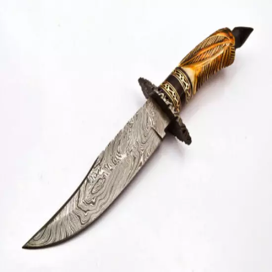 13in - BEAUTIFUL CUSTOM HAND MADE DAMASCUS HUNTING BOWIE HANDLE BONE WITH SHEATH