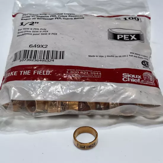 Bag of 100 Sioux Chief PEX Crimp Ring 1/2” Annealed Copper 649x2 USA SDR 9 PEX