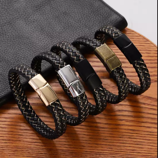 Genuine Leather Braided Bracelet Magnetic Buckle Band Men Stainless Steel Bangle