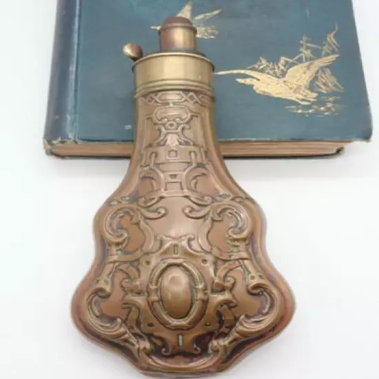 Antique Copper Brass Violin Shape Black Gun Powder Shot Flask Holder Hunting