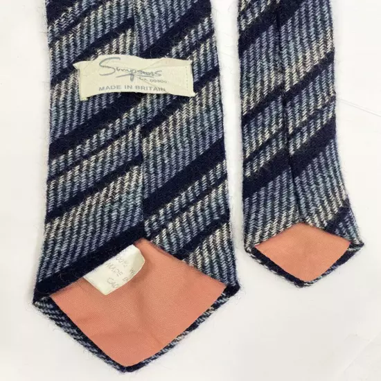 Vintage Simpsons Blue Striped England Made Wool Skinny Necktie Tie 2.8" x 55"