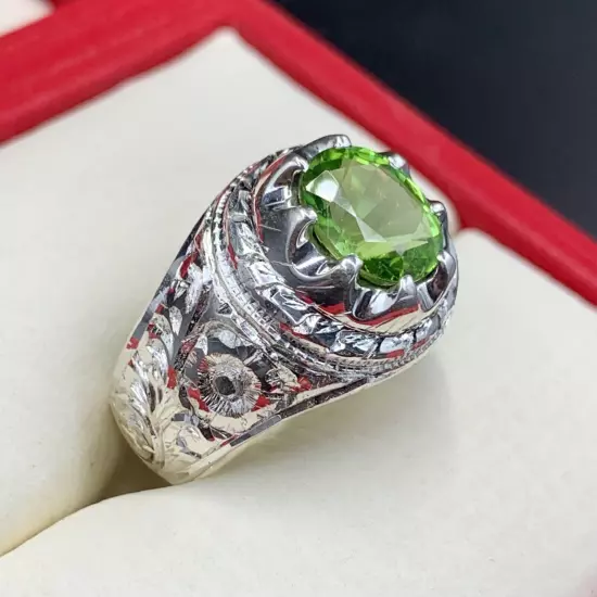 Natural Mens Peridot Ring, Handmade Peridot Ring For Men 925 Sterling Silver