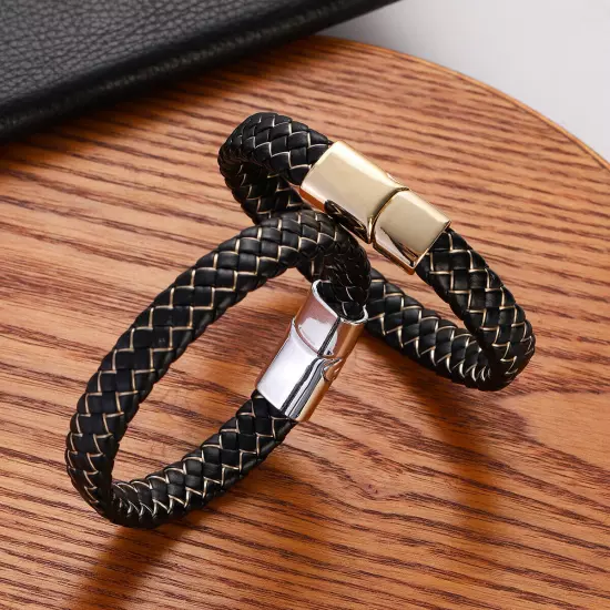 Genuine Leather Braided Bracelet Magnetic Buckle Band Men Stainless Steel Bangle