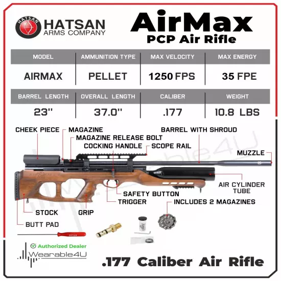 Hatsan AirMax PCP QE Bullpup PCP Side-lever Hardwood Stock . 177 Cal Air Rifle