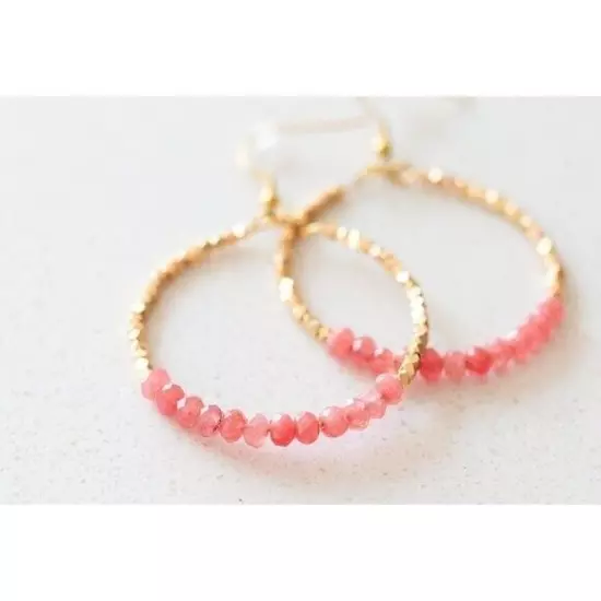 Red Jade Pink Sparkly Gold Beaded Earring Gemstone dangle hoops vacation jewelry