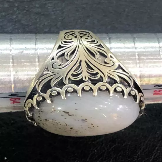 Royal Men Ring 925 Silver Yemen Agate Aqeeq خاتم عقيق يمني ابيض