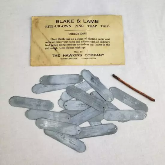 Antique Vintage NOS Blake & Lamb Rite-Ur-Own Zinc Trap Tags Hawkins Co Trapping