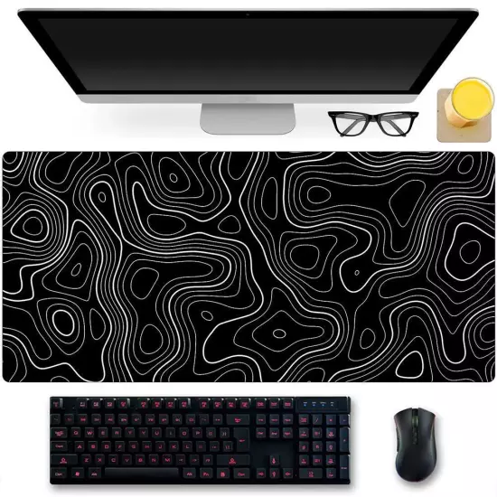 Topographic Mouse Pad Mat Gaming Large Long Extend Black/White Mousepad-Big