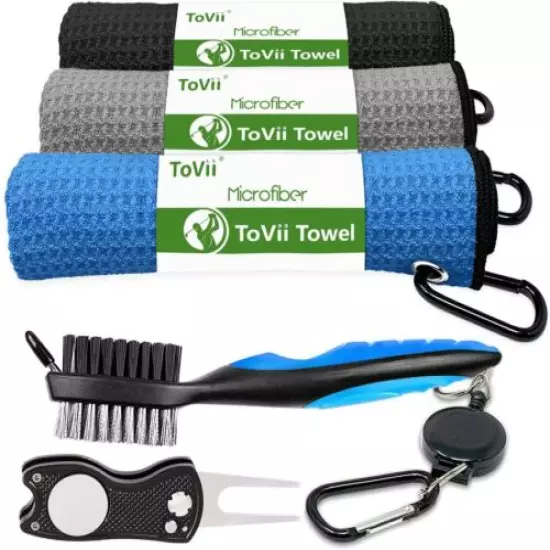 ToVii Golf Towel Microfiber Waffle Pattern Brush Tool Kit w/ Club Groove Cleaner