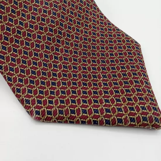 Brooks Brothers Makers Mens Silk Foulard Tie-Burgundy Navy Gold 60" Necktie Vtg