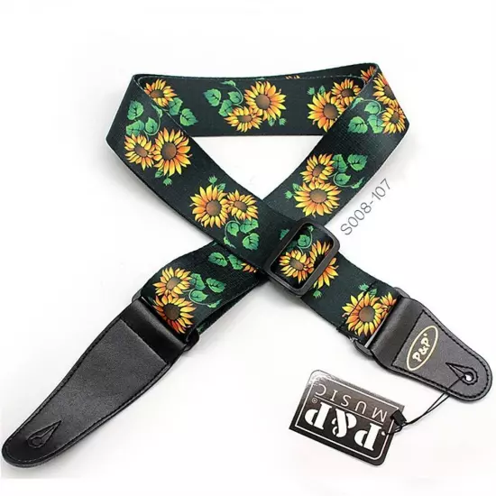 Guitar Bass Belt Embroidered Guitar Strap Leather End for Bass/Acoustic/Electric