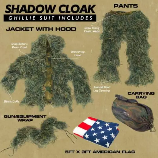 Shadow Cloak Ultimate Ghillie Suit - Woodland Camo + USA Flag Gift - Triple S...