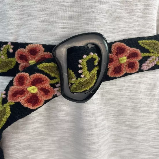 Embroidered Peru Wool BELT Black Floral Boho Hippie HORN BUCKLE Adjustable 44"