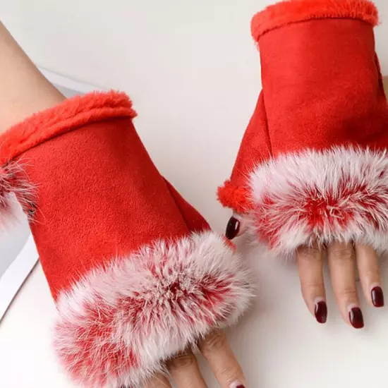 Womens Winter Warmer Fingerless Gloves Faux Rabbit Fur Suede Wrist Solid Mittenღ