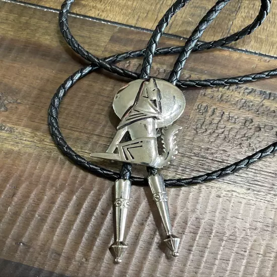 Howling Coyote and Moon Bolo Tie with Black Cord Silver Tone