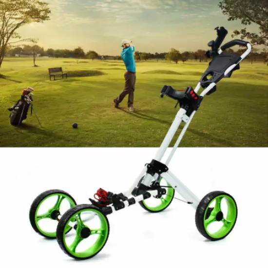 4 Wheels Foldable Golf Buggy Trolley Cart Push Pull Aluminum Carts + Foot Brake