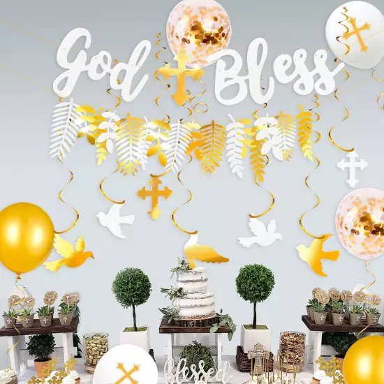 White and Gold Cross God Bless Party Decorations Dove Hanging Swirl Leaf Ball...