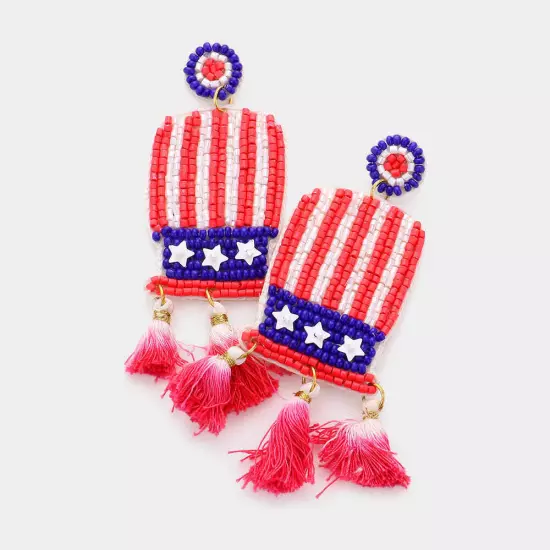 Fabric Back American USA Flag Seed Beaded Hat Triple Ombre Tassel Link Dangle Ea