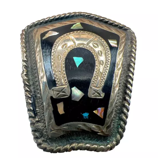 Vintage Mexican Alpaca Silver Bolo Slide With Inlaid Mother Of Pearl Horseshoe