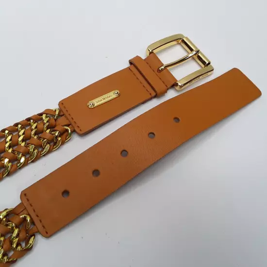 Ladies Michael Kors Brown Braided Chain Leather Belt 554022 Size M (Heavy)