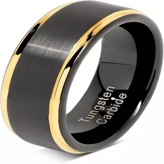 Engraved Personalized Black Tungsten Rings for Men Wedding Band Gold Step Edge S