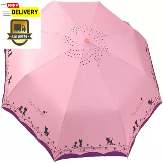 Windproof Compact Travel Folding Cute Cat Umbrella,Auto Open Close Rain&Sun USA.