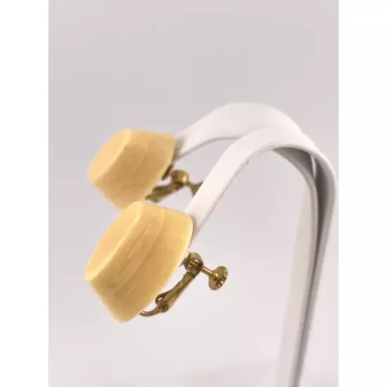 VTG Napier Oval Block Ivory Gold Tone Screwback Clip On Earrings