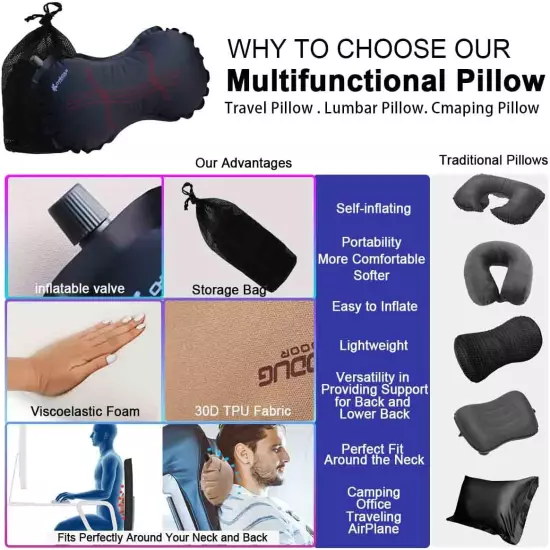 Portable Inflatable Lumbar Support Travel Pillow with Memory Foam Insert - Perfe