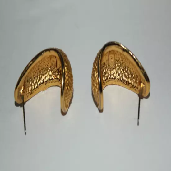 Vtg. AK Anne Klein Half Hoop Textured Gold Tone Pierced Earrings 1.25", Signed