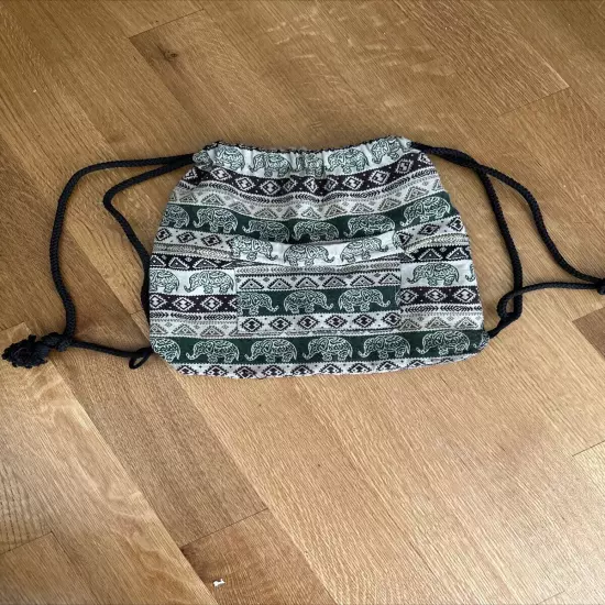 Small Handmade Drawstring Bag: Elephants With Zippered Front Pocket Detail