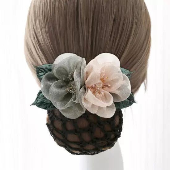 Women Ribbon Bow Hair Net Bun Snood With Bowknot Hair Cover Barrette Hair Clip