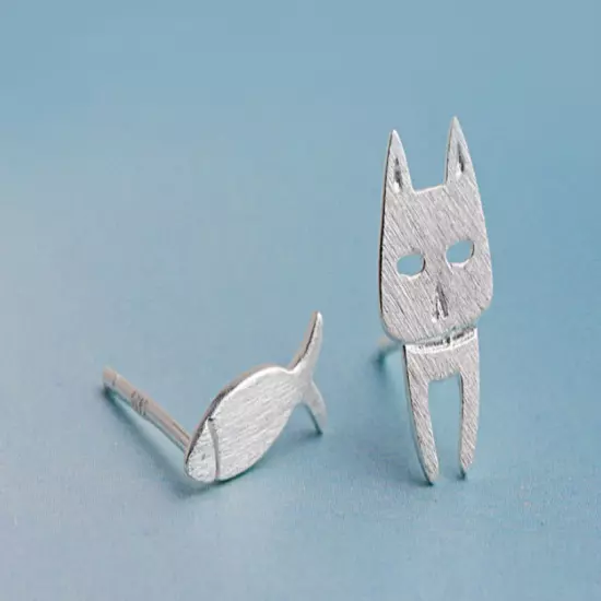 S925 Sterling Silver Stud Earrings Fashion Detachable Cat Fish Pin Studs Cute Co