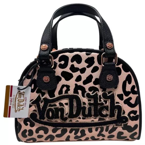 Von Dutch Women's Pink Black Cheetah Small Bowling Crossbody Hand Bag