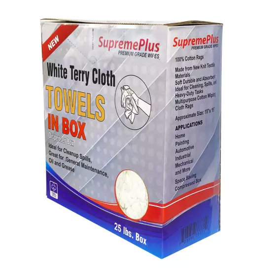 New White Terry Towels Rags - 50 lbs. Case 25 x 2 lbs. Compressed Boxes Case