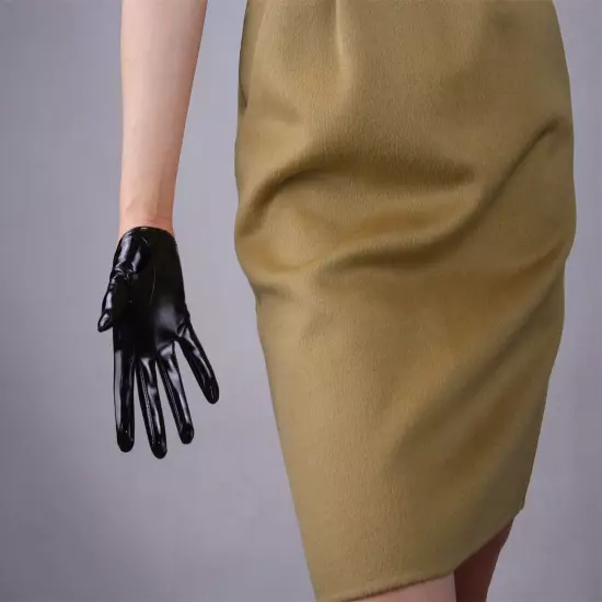 LATEX GLOVES Shine Leather Faux Patent Vegan PU 8" 21cm Short Basic Shine Black