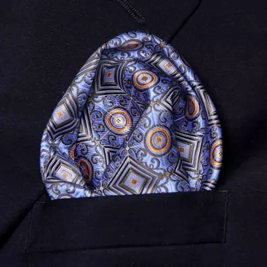 Gascoigne Pocket Square Blue Orange Brown Geometric Men's