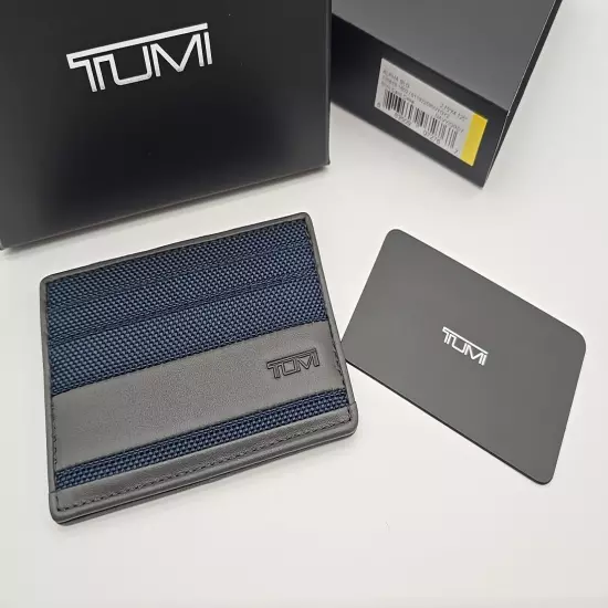 NIB TUMI Alpha SLG Slim Card Case Navy / Grey Leather Trim w/ ID Window Wallet